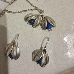 Pair of Sterling Silver Dangle Earrings with Matching Necklace – Handmade, circa